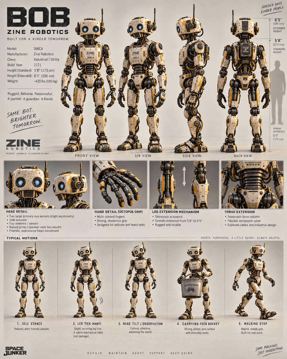 Technical reference sheet for Bob, a Zine Robotics model 366CA