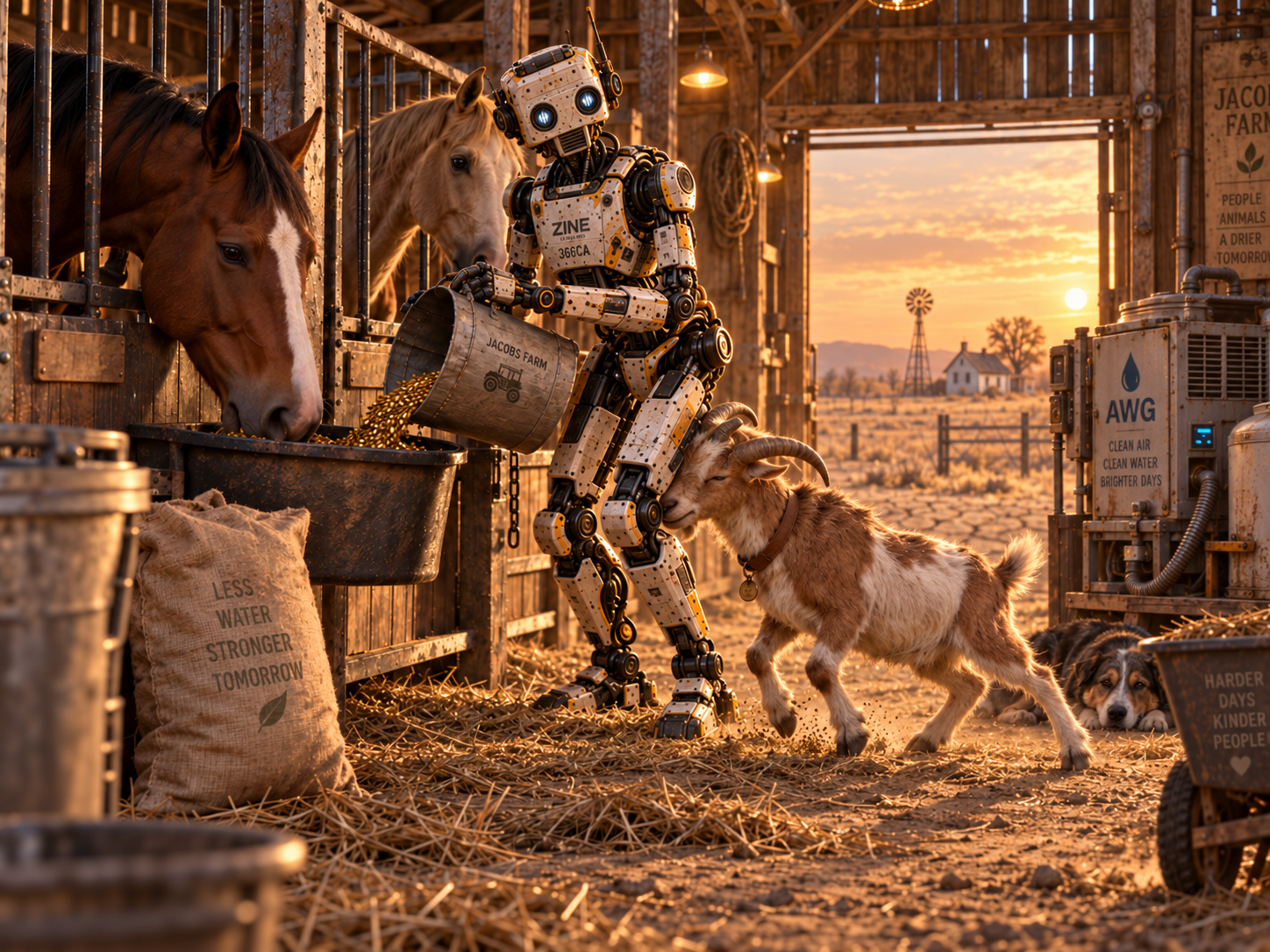 Bob feeding horses inside the Jacobs farm barn at sunset