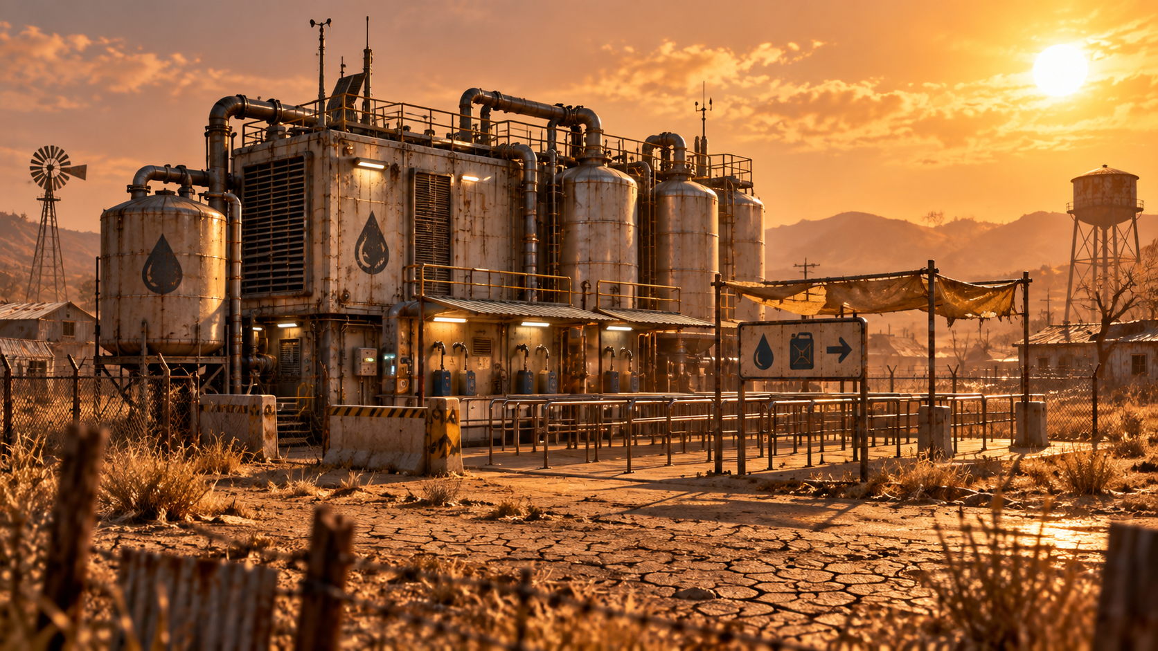 An AWG water-processing center standing in a dry settlement at sunset