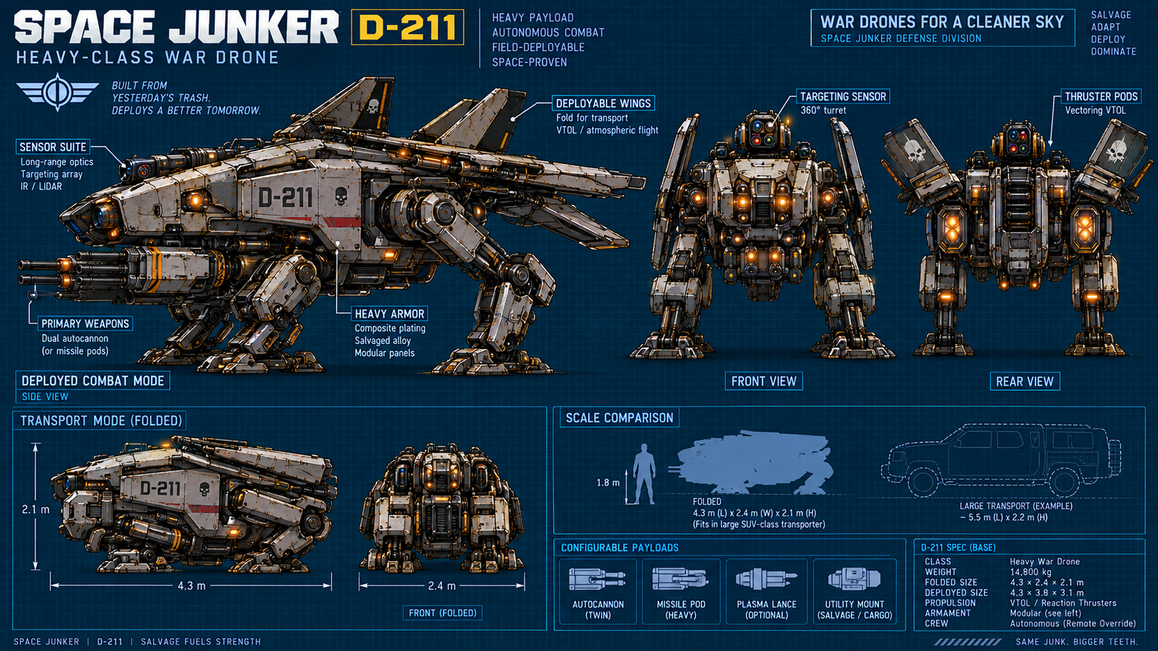 Technical reference sheet for the D-211 heavy-class autonomous war drone