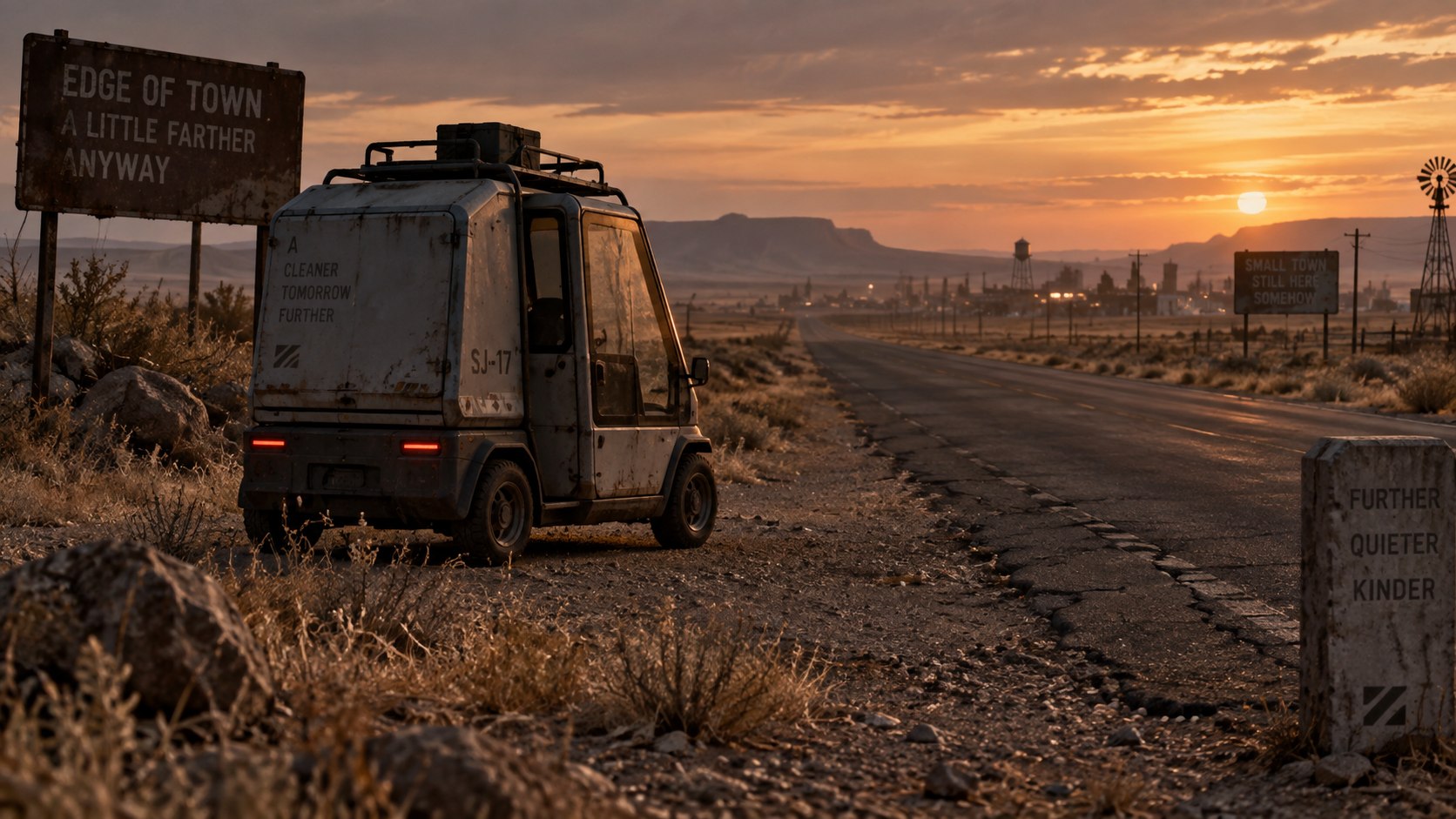 A compact taxi stopped beside a desert highway outside a distant town at sunset