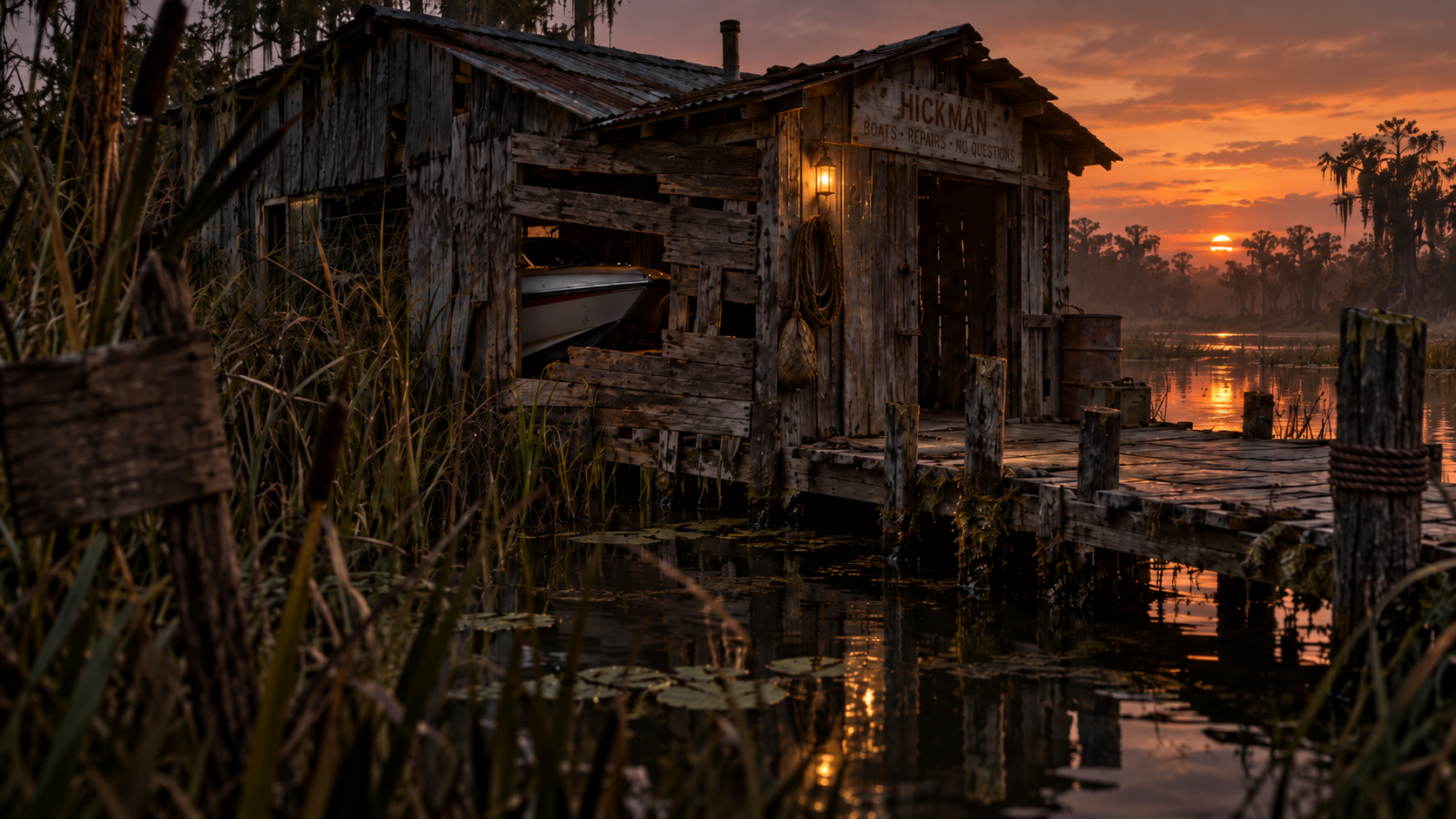 Hickman's weathered boat-repair shed standing in a Louisiana marsh at sunset