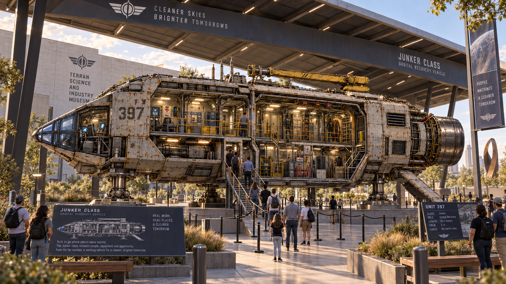 A preserved Junker-class orbital recovery vehicle displayed outside a science and industry museum