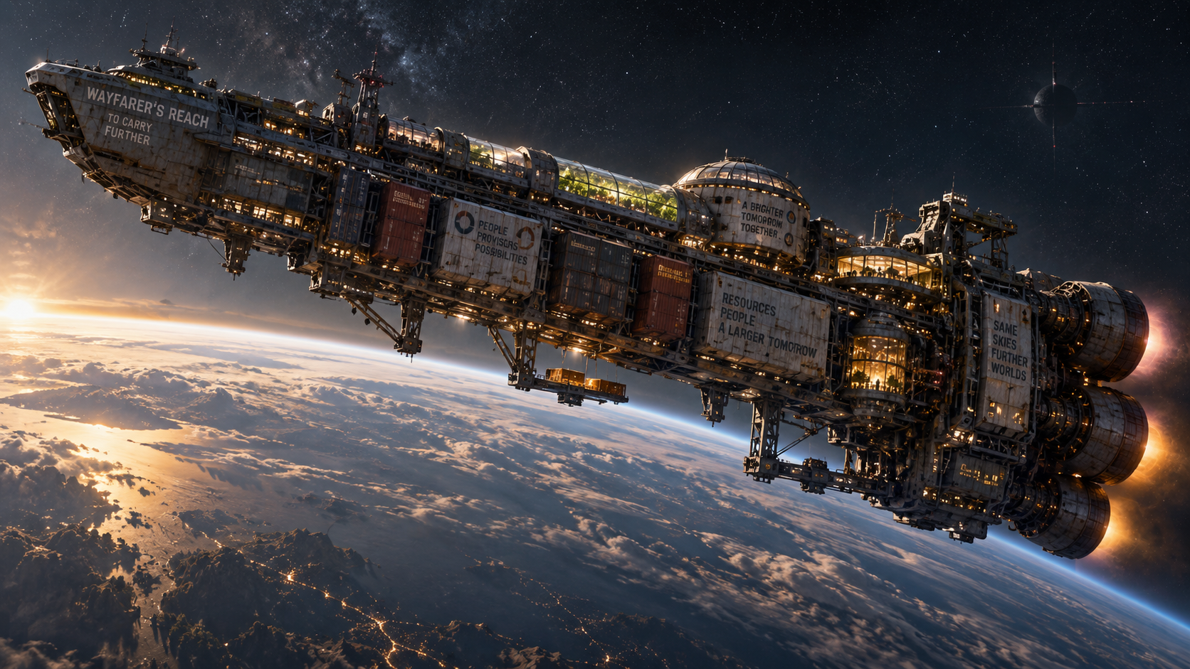 The immense Wayfarer's Reach space freighter crossing above Earth