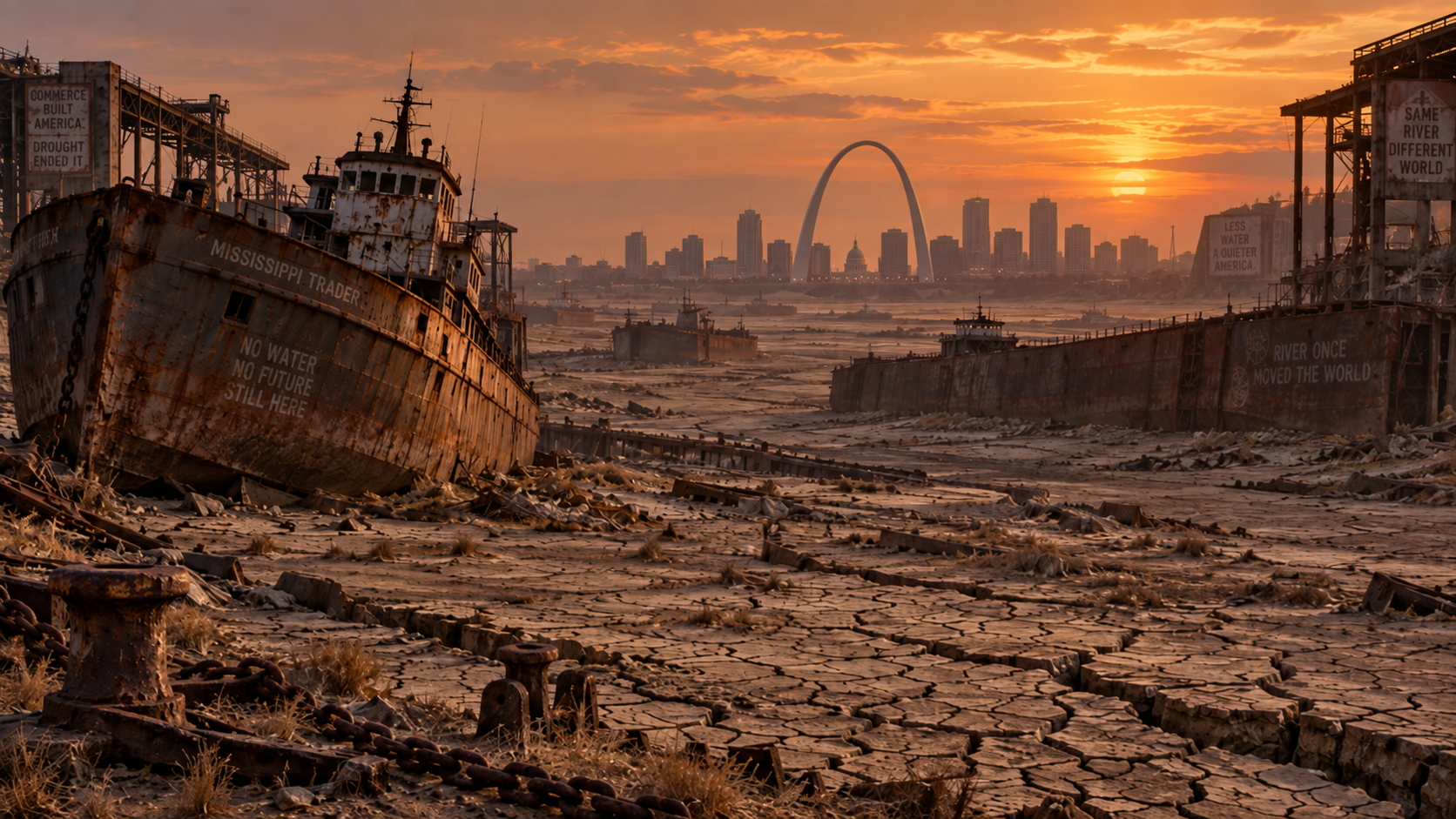 The dry Mississippi riverbed and abandoned ships beneath the St. Louis skyline