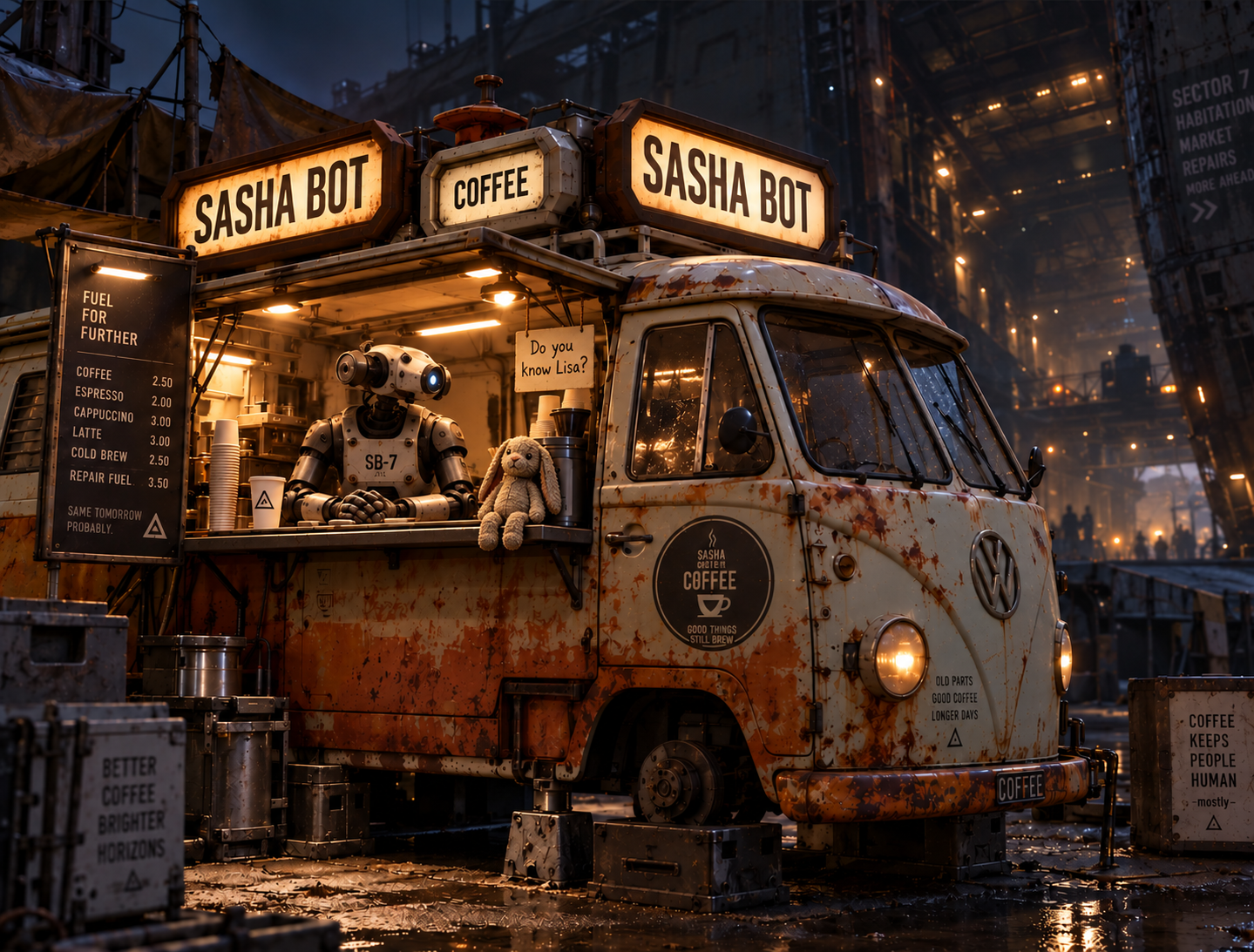 Sasha at her coffee van with a toy rabbit and a Do you know Lisa sign