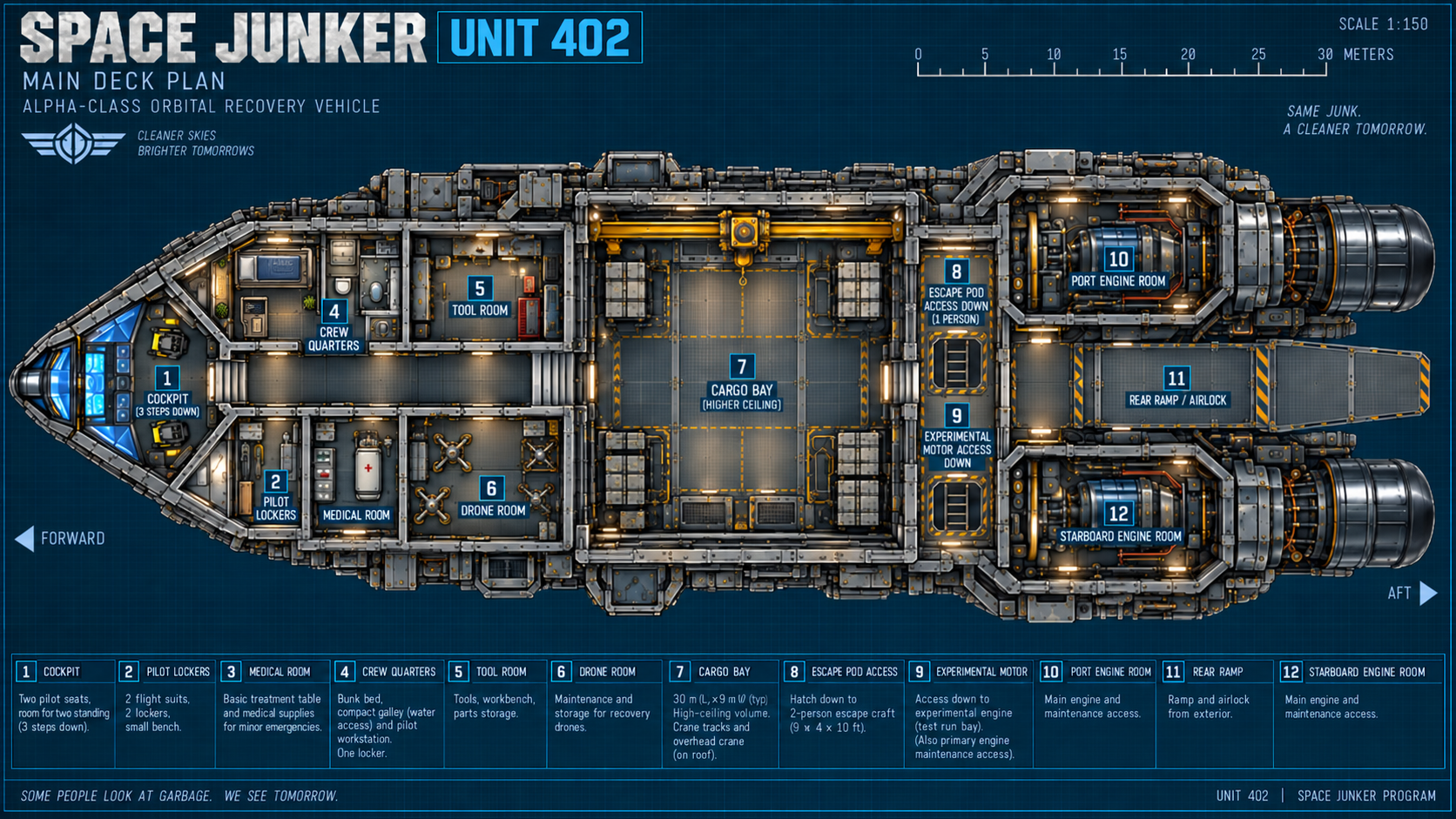 Top-down main-deck plan of Space Junker Unit 402 with twelve labeled compartments