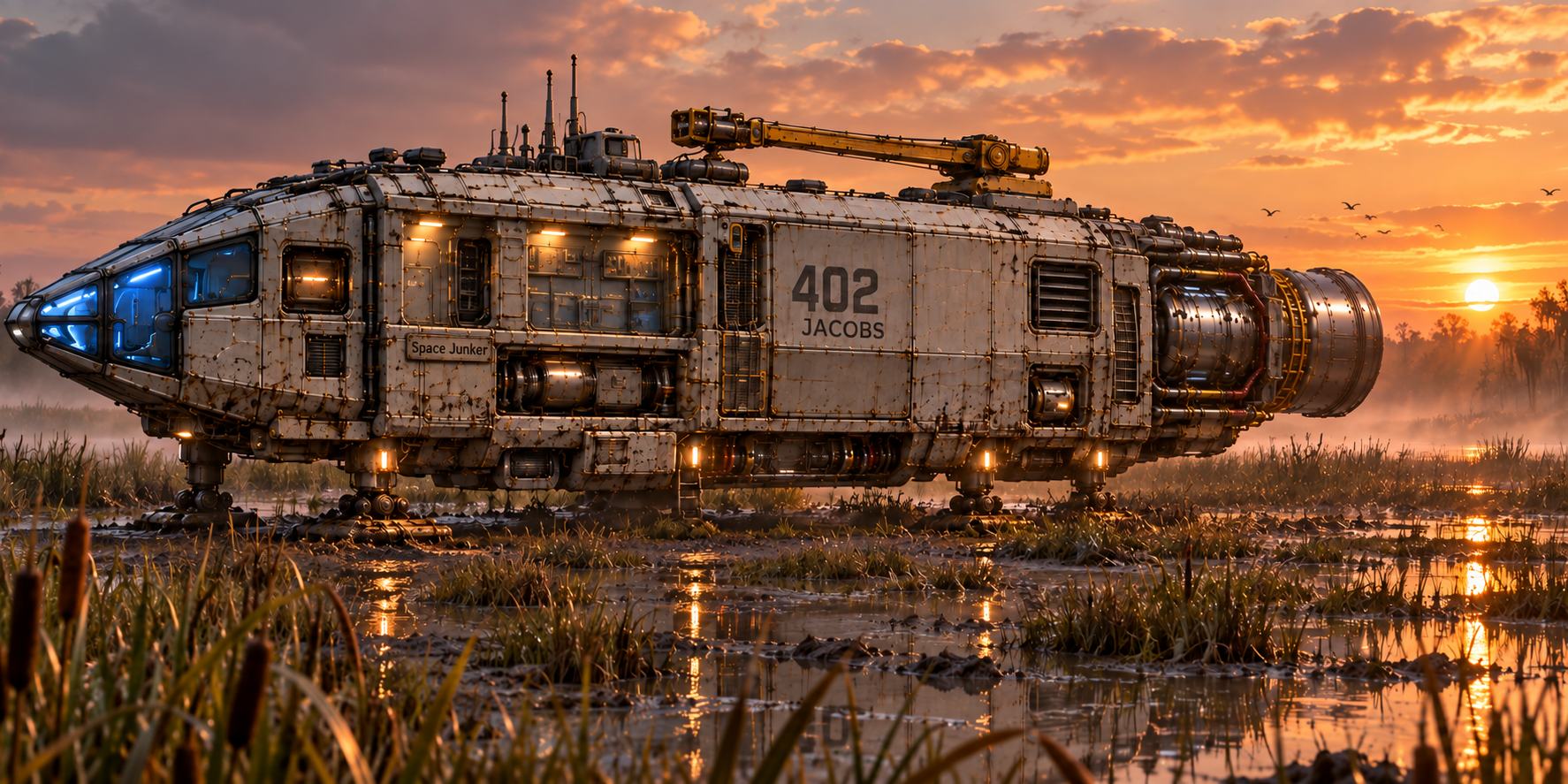 Unit 402 resting in a marsh at sunset